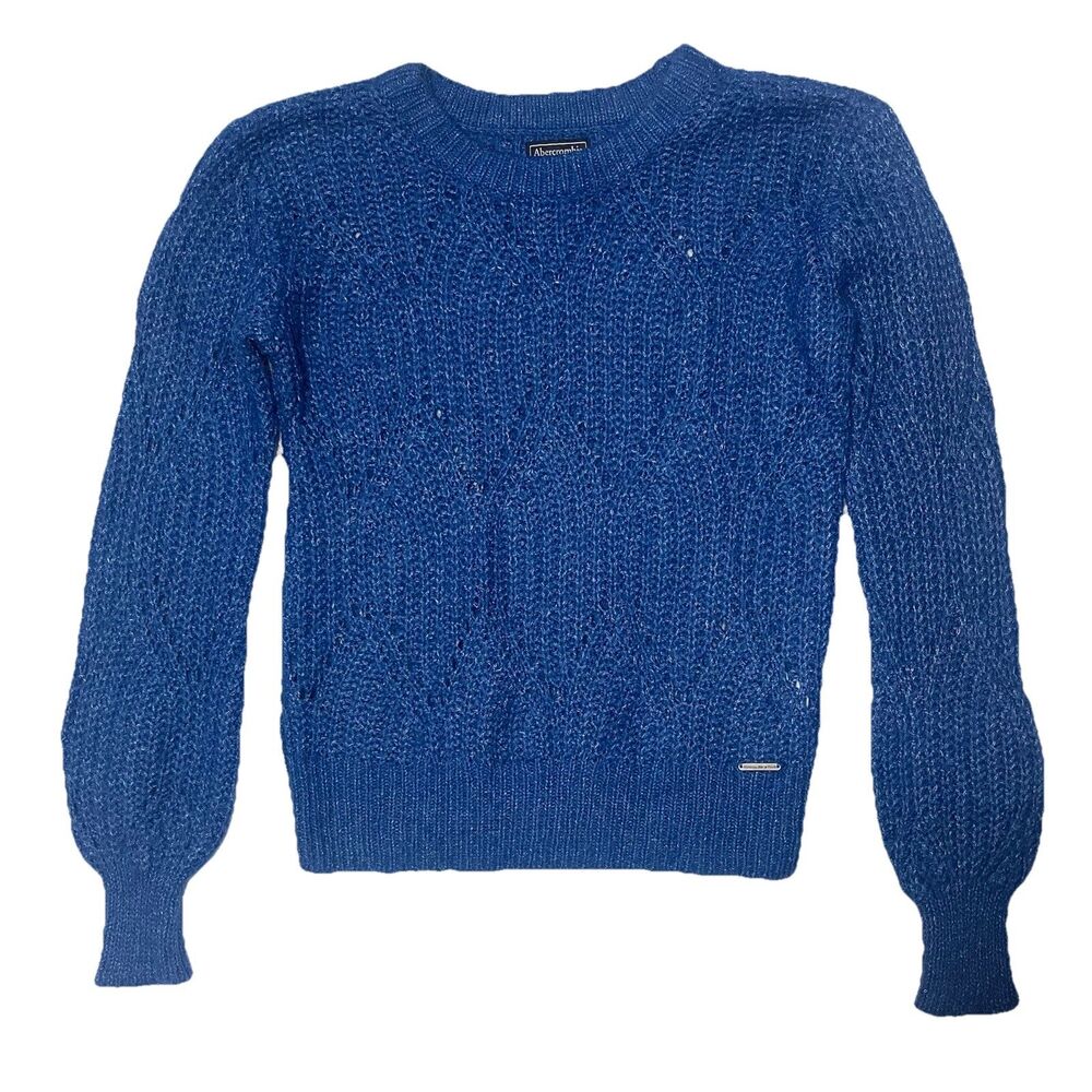 Abercrombie & Fitch Sz Medium Puff Sleeve Crewneck Knit Wool Blend Sweater Blue